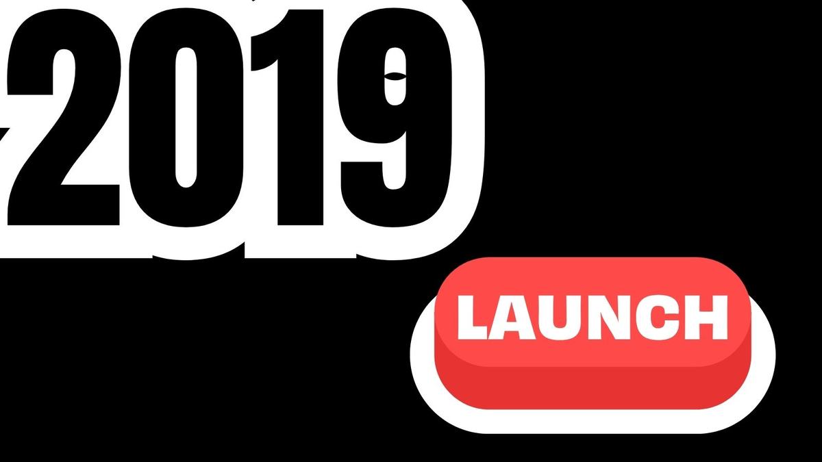 Bold graphic on a black background: oversized "2019" in thick black numerals outlined in white dominates the top-left, and a glossy red rounded button labeled "LAUNCH" in white caps sits toward the bottom-right with a white drop-shadow.