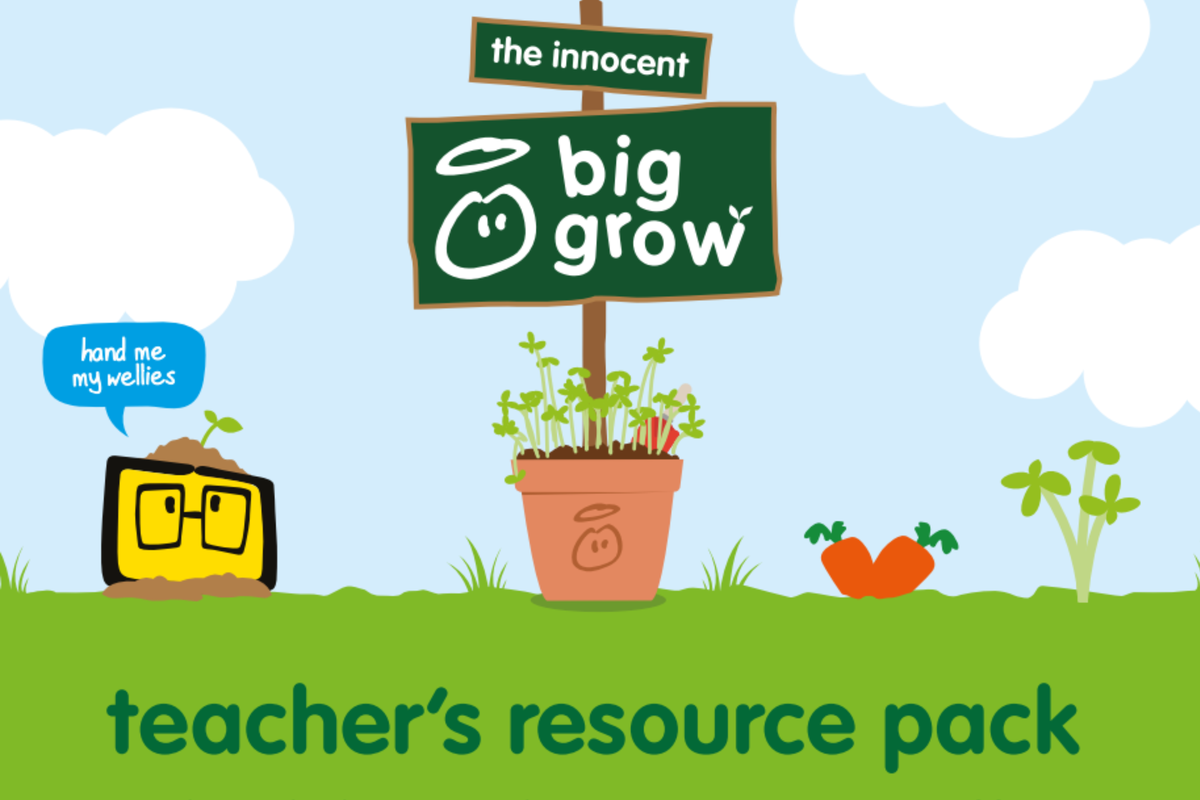 A graphic that is in the illustration style of Innocent Smoothies, it reads the innocent big grow teacher's resource pack