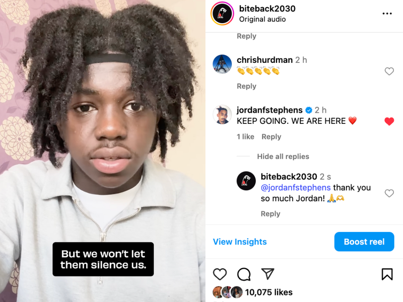 A screenshot of a reel on Instagram, it shows Bite Back activist Farid talking to the camera, on the right there is a comment from Jordan Stephens that reads keep going we are here