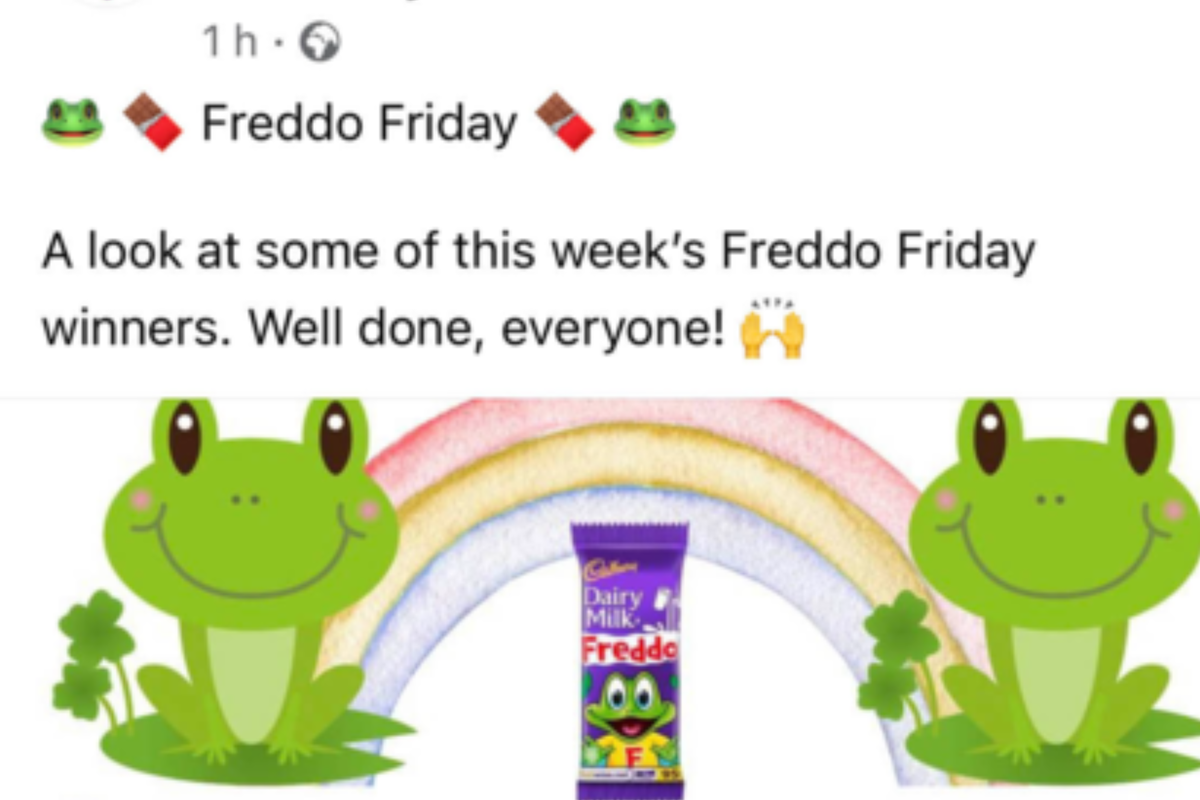 A screenshot of a social media post shared by a school, it reads Freddo Friday, A look at some of this week's Freddo Friday winners. Well done, everyone! There is a picture of cartoon frogs and a Cadbury's Freddo chocolate bar