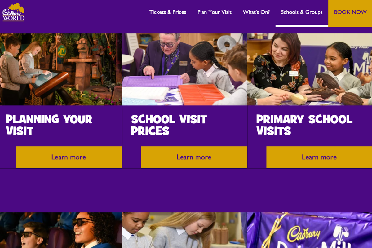 A screenshot of the Cadbury World website's schools and groups page, which reads planning your visit, school visit prices and primary school visits