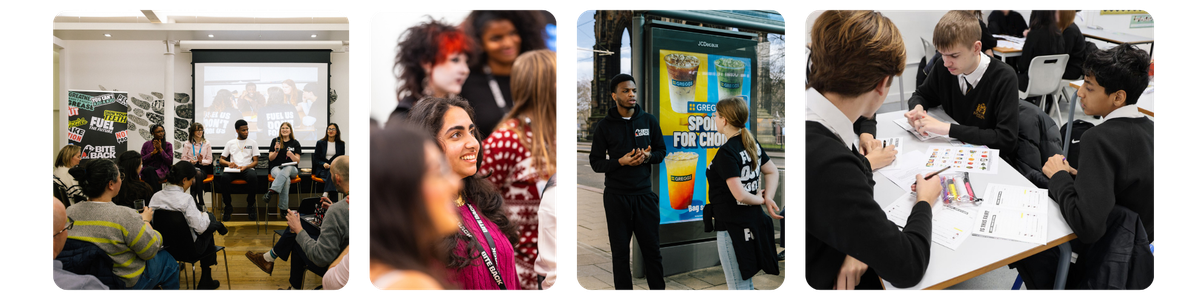 Four photos of young people engaged in learning and activism: a panel discussion with an audience, a smiling attendee in conversation, two outreach workers talking outdoors by a bus-stop ad, and students in school uniforms collaborating over worksheets at desks in a classroom.