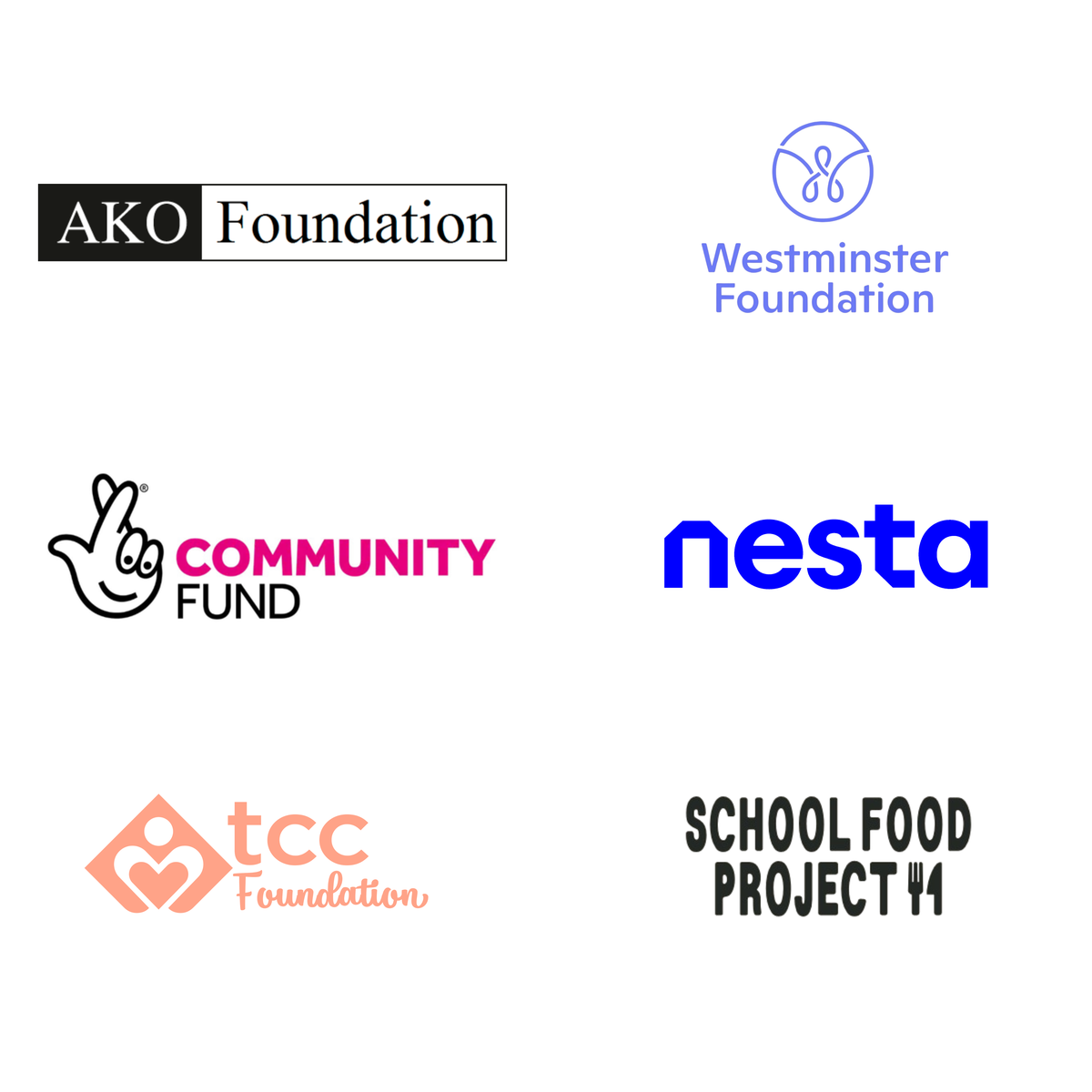 A white layout showing six charity and foundation logos arranged in a grid: top left is "AKO Foundation" in a black-and-white rectangular mark; top right is "Westminster Foundation" with a purple circular icon; middle left is "Community Fund" with a smiling hand mascot in pink; middle right is a large blue "nesta" wordmark; bottom left shows a peach "tcc Foundation" heart emblem; bottom right reads "School Food Project" in bold black.