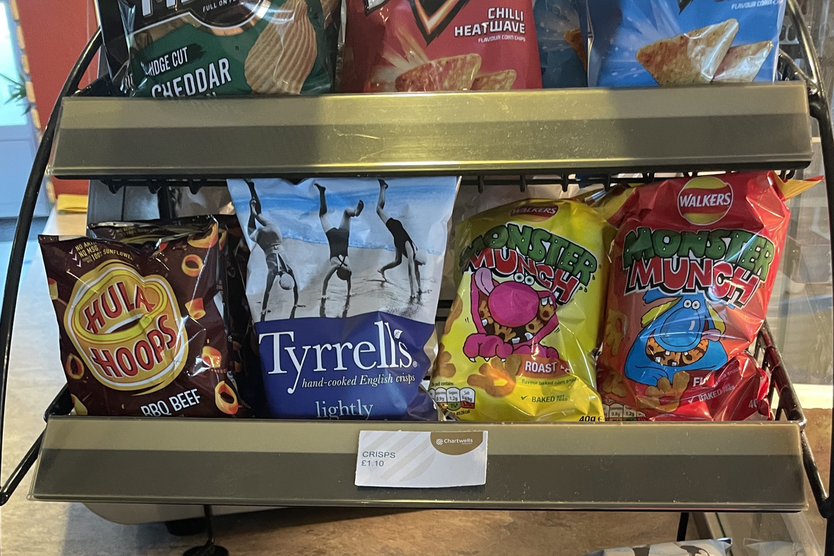 McCoy's, Doritos, Hula Hoops, Tyrell's, Walkers Monster Munch on sale at a secondary school