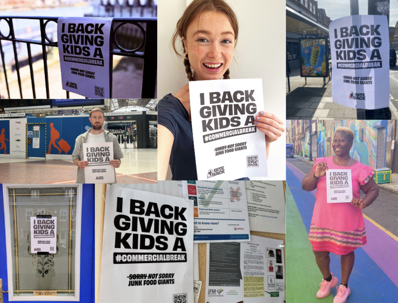 Montage of multiple photos showing our poster in different locations and with different people holding it, our poster reads I Back Giving Kids A Commercial Break Sorry Not Sorry Junk Food Giants