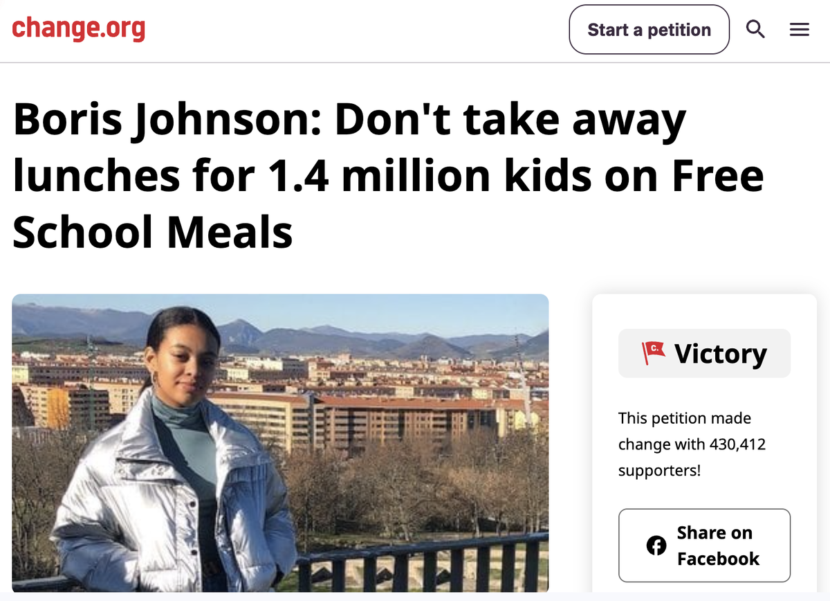 An image of Christina's first Free School Meals petition hosted on Change.org