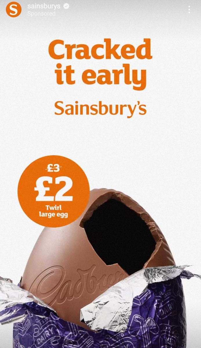 Screenshot of a Sainsburys advert on social media featuring a Cadburys chocolate egg
