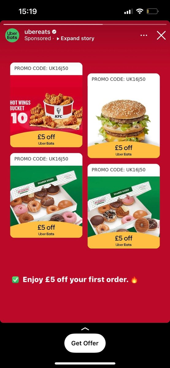 Screenshot of an UberEats advert on social media featuring junk food items from different brands