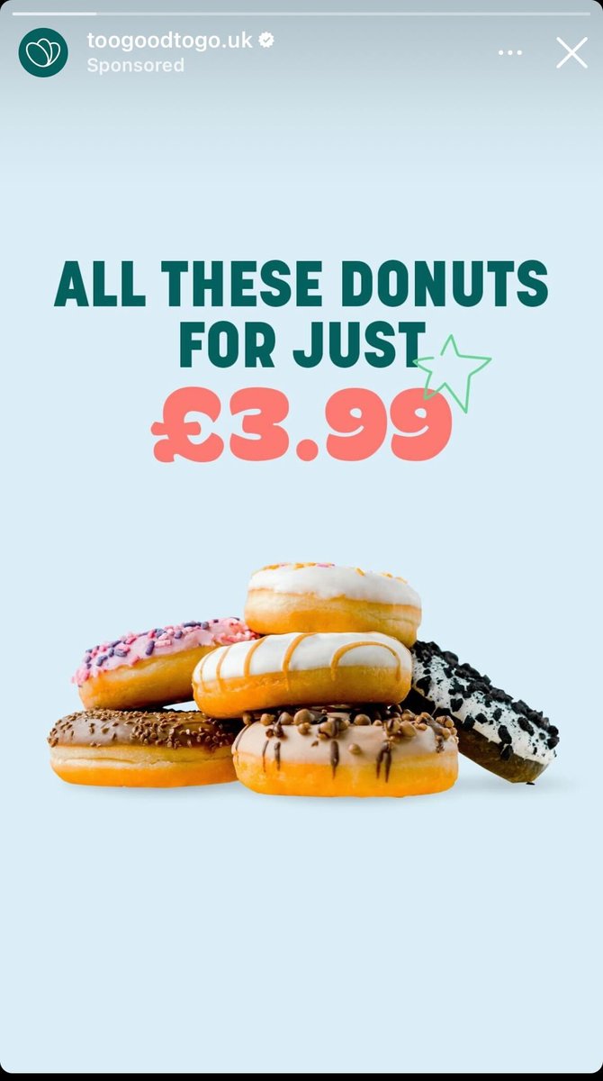 Screenshot of an advert on social media for Too Good To Go which features donuts