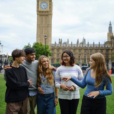 5 young people stood in front of Westminster having a conversation. They are smiling while looking at each other and gesturing towards one another.