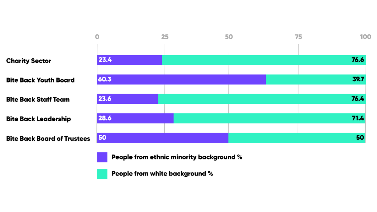 Horizontal stacked bar chart comparing ethnic composition by group. Values: Charity Sector 23.4% minority / 76.6% white; Bite Back Youth Board 60.3% / 39.7%; Bite Back Staff Team 23.6% / 76.4%; Bite Back Leadership 28.6% / 71.4%; Bite Back Board of Trustees 50% / 50%. Purple = people from ethnic minority; teal = people from white background.