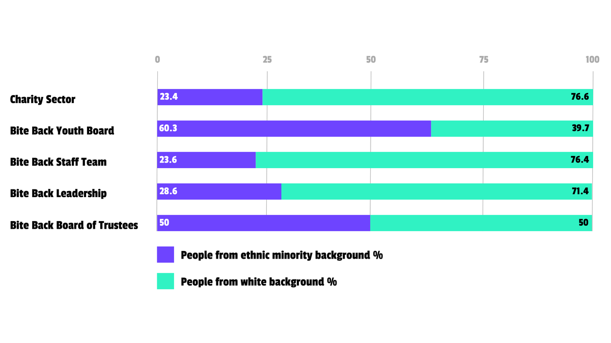 Stacked horizontal bars show ethnic background percentages for five groups. Charity Sector: 23.4% ethnic minority, 76.6% white. Bite Back Youth Board: 60.3% / 39.7%. Bite Back Staff Team: 23.6% / 76.4%. Bite Back Leadership: 28.6% / 71.4%. Bite Back Board of Trustees: 50% / 50%. Purple = ethnic minority, teal = white.
