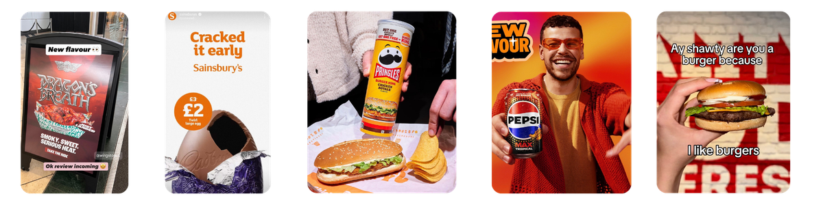 A strip of five phone-style food ads: a pavement poster for “Dragon’s Breath” smoky-spicy wings; a Sainsbury’s “Cracked it early” Cadbury egg promo (£2); a Pringles Burger King Chicken Royale can over a sandwich and crisps; a smiling man holding a Pepsi Max can on an orange background; and a hand holding a burger with a cheeky caption.