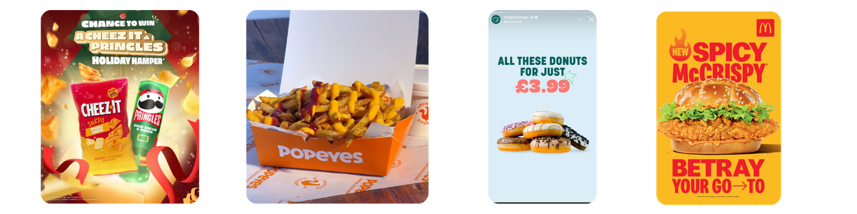 Four colorful food ads side-by-side: (1) festive Cheez‑It & Pringles holiday hamper promo with ribbons; (2) Popeyes loaded fries in an orange branded box; (3) donut deal “All these donuts for just £3.99” with a stack of donuts; (4) McDonald’s “New Spicy McCrispy” burger ad reading “Betray your go‑to.”