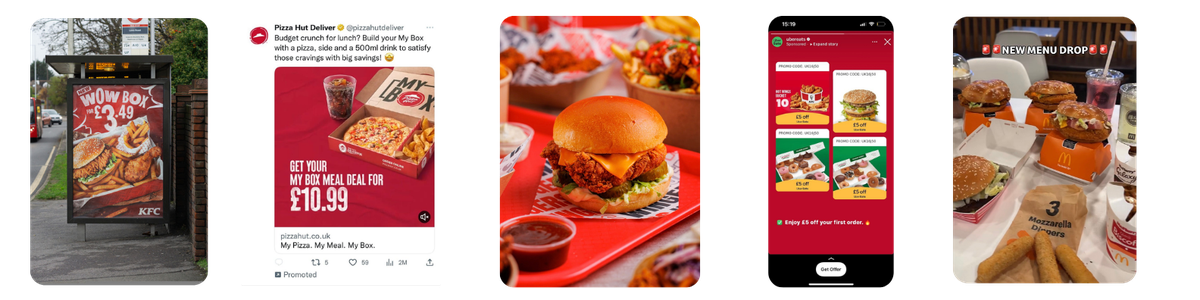 A five-panel collage of fast-food ads and meals: a KFC bus-stop poster for a "Wow Box" deal, a Pizza Hut promoted tweet for a My Box meal, a close-up of a crispy chicken sandwich on a red tray with sides, a mobile app promo screen with meal discounts, and a McDonald's spread with burgers, mozzarella dippers and drinks.